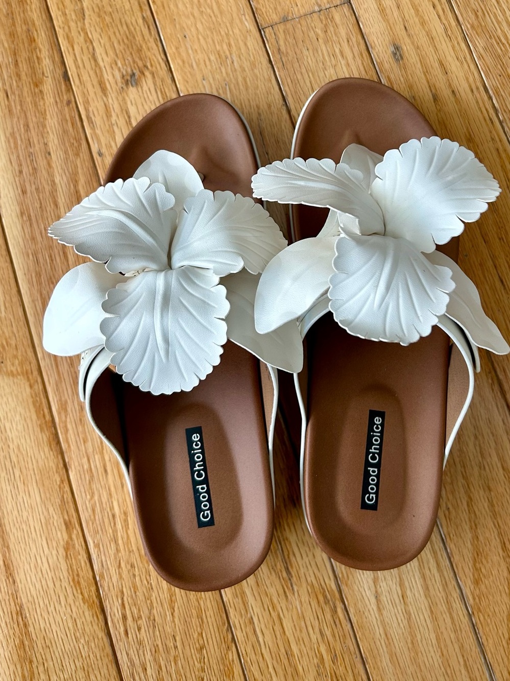 Good Chic Brown Slide Sandals with White Floral Detail